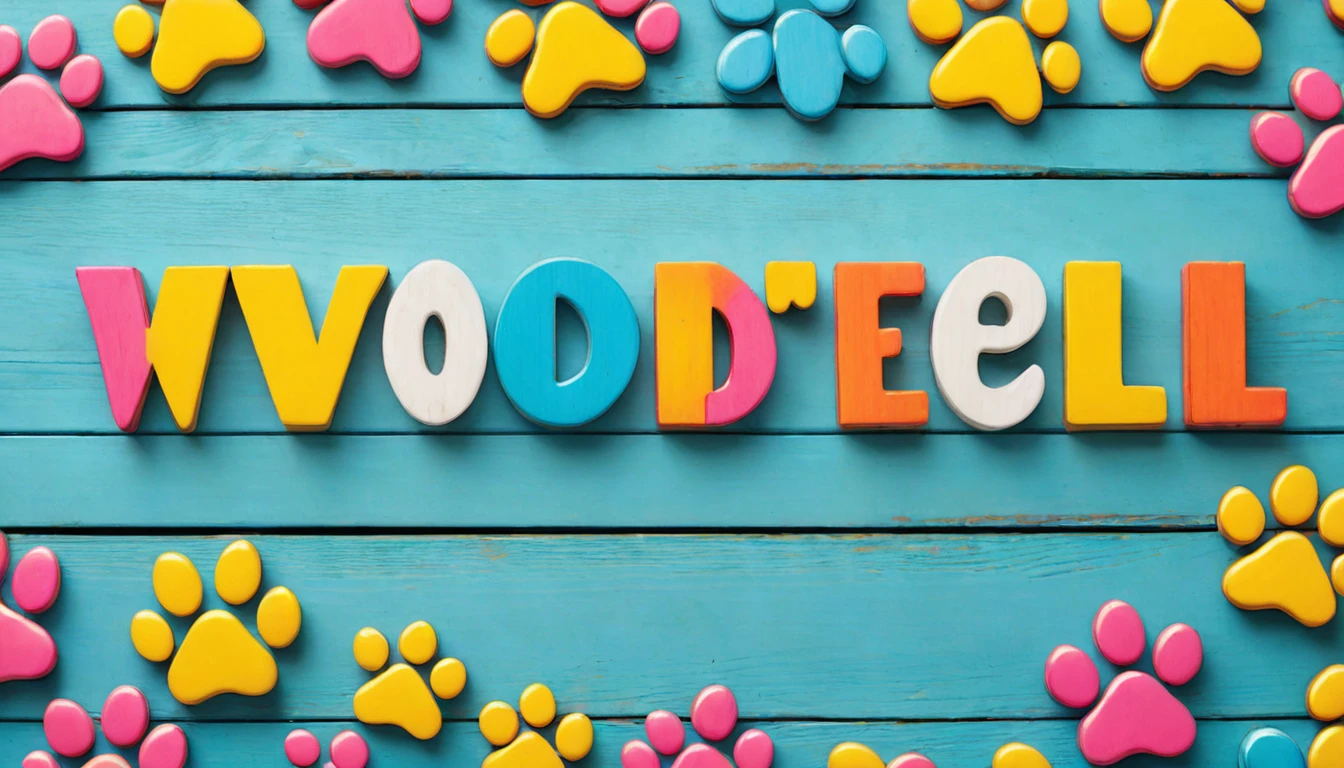 Here's a focused prompt for just the sign:
A bright, cheerful wooden sign with 'WONDERFUL WANDA' written in large, bold, colorful letters. The text should be clear and easily readable. Cute cartoon-style dog paw prints are scattered around the edges of the sign. Use vibrant colors like yellow, light blue, and pink. The sign should appear welcoming and fun, perfect for a dog cafe.