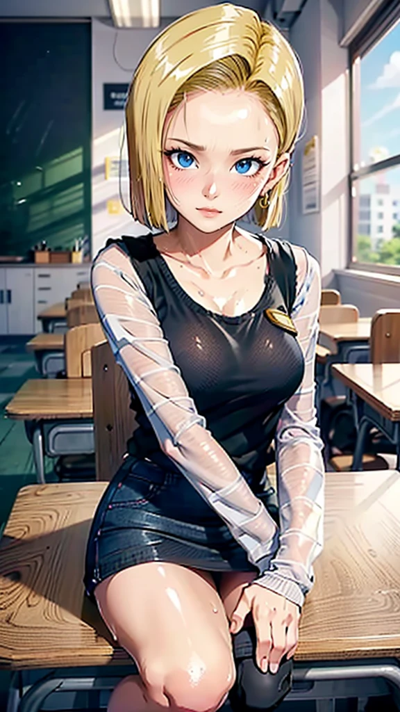 1 person、girl , mini skirt, Blonde、(Android 18 from Dragon Ball:1.3)、(avert your eyes:1.2), Sit down and spread your legs, Embarrassing, Blushing, classroom 、masterpiece、high quality、high resolution、Professional work、Illustration by Akifu Toriyama、Detailed face and eyes、From head to toe、(Excessive sweat on the face:1.3)、shame、(Peeing:1.3)