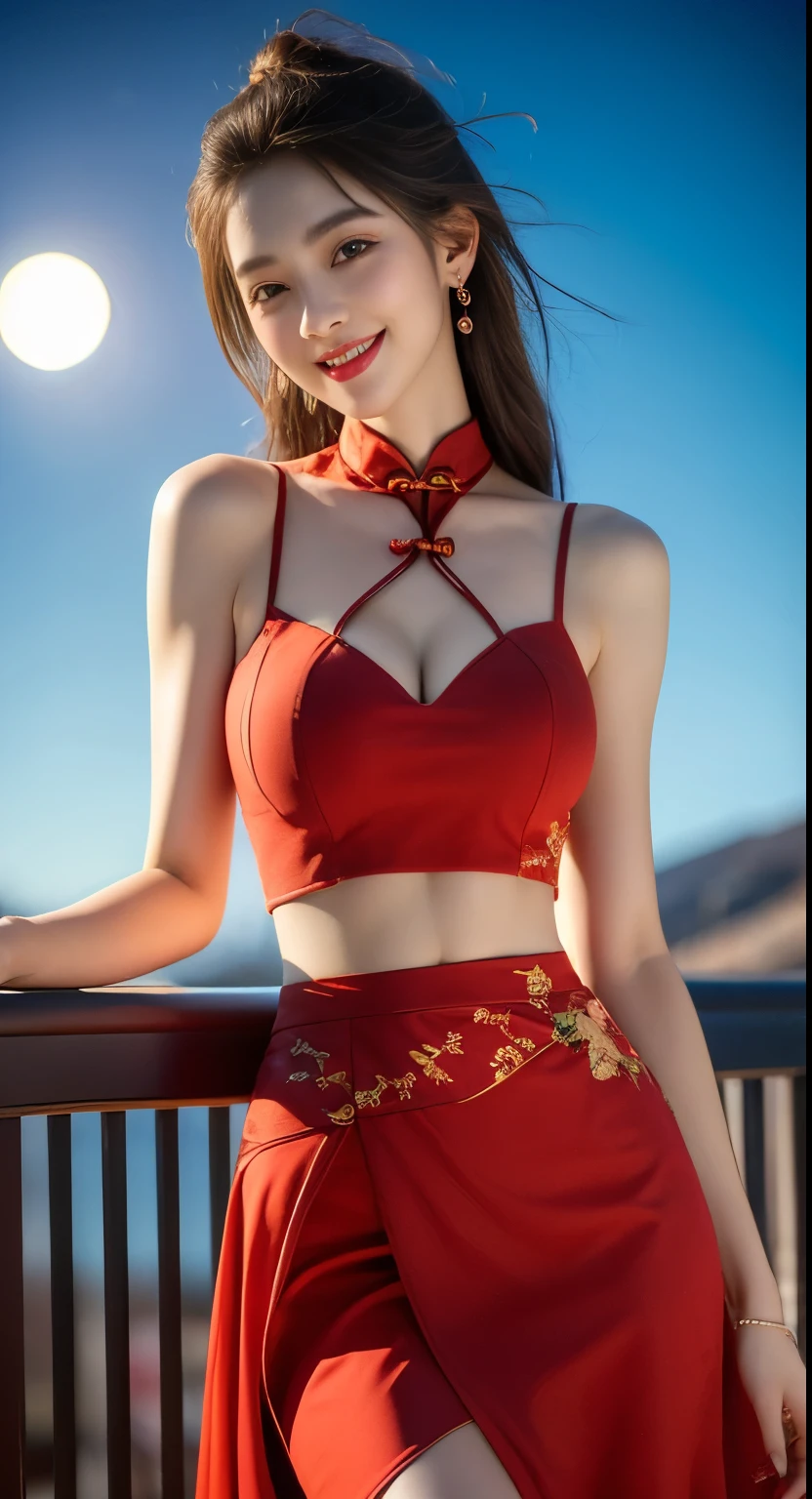 Fashion cheongsam, ((Full breasts)), ((The skirt is short)), ((Sexy legs)), ((whole body)), ((I-type Valley)), ((Visible cleavage)), Practical, Fashion Girl, Red lips, Mature women, Exquisite makeup, big eyes, beautiful, (best quality, masterpiece:1.2), Very detailed, (Practical:1.37), ((Random Scenes, Random shooting angle)), ((Sexy long legs)), Young and energetic, Charming model, (Exquisite eyes, Delicate lips), Show a bright smile, Create stunning girl images, warm color, Extremely saturated colors, Official Art, Extremely detailed CG, Unity 8K wallpaper, (High Dynamic Range :1.4), (Movie atmosphere),(Soft colors), (Natural skin texture, ultra-Practical, Soft Light, sharp),(Very detailed), night, moonlight