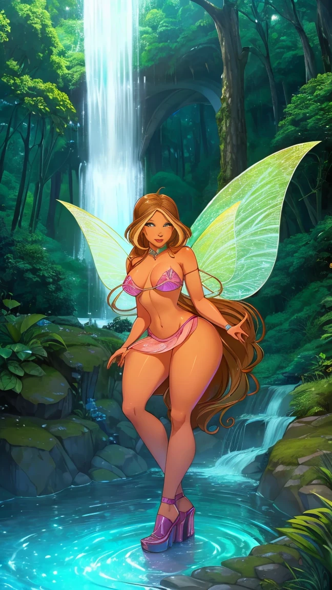 (girl,fullbody,thick thighs),(pevetido intentions),(fairy,bikini),(high heels),(fairy wings),(magical forest),(night),(magic in the air), night magical forest, magical energy in the air, waterfall, river, Stone staircase With water.