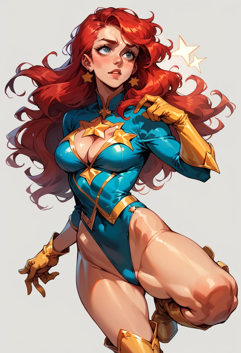 masterpiece,Sexy, Superheroine, Red hair, long hair, busty, ((blue highleg leotard with a t-back thong and a gold star insignia on chest)), gold boots, gold gloves, curvy, ((cleavage cutout)), anime