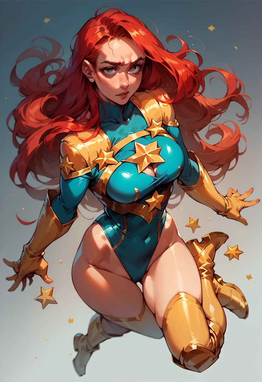 masterpiece,Sexy, Superheroine, Red hair, long hair, busty, ((blue highleg leotard with a t-back thong and a gold star insignia on chest)), gold boots, gold gloves, curvy, ((cleavage cutout)), anime