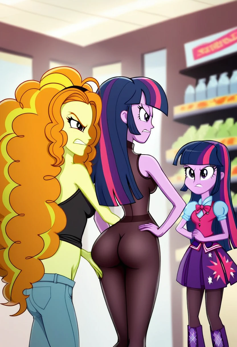 Eqg Twilight sparkle bodystocking adagio . Angry adagio is standing in the store and Twilight Sparkle is touching her butt