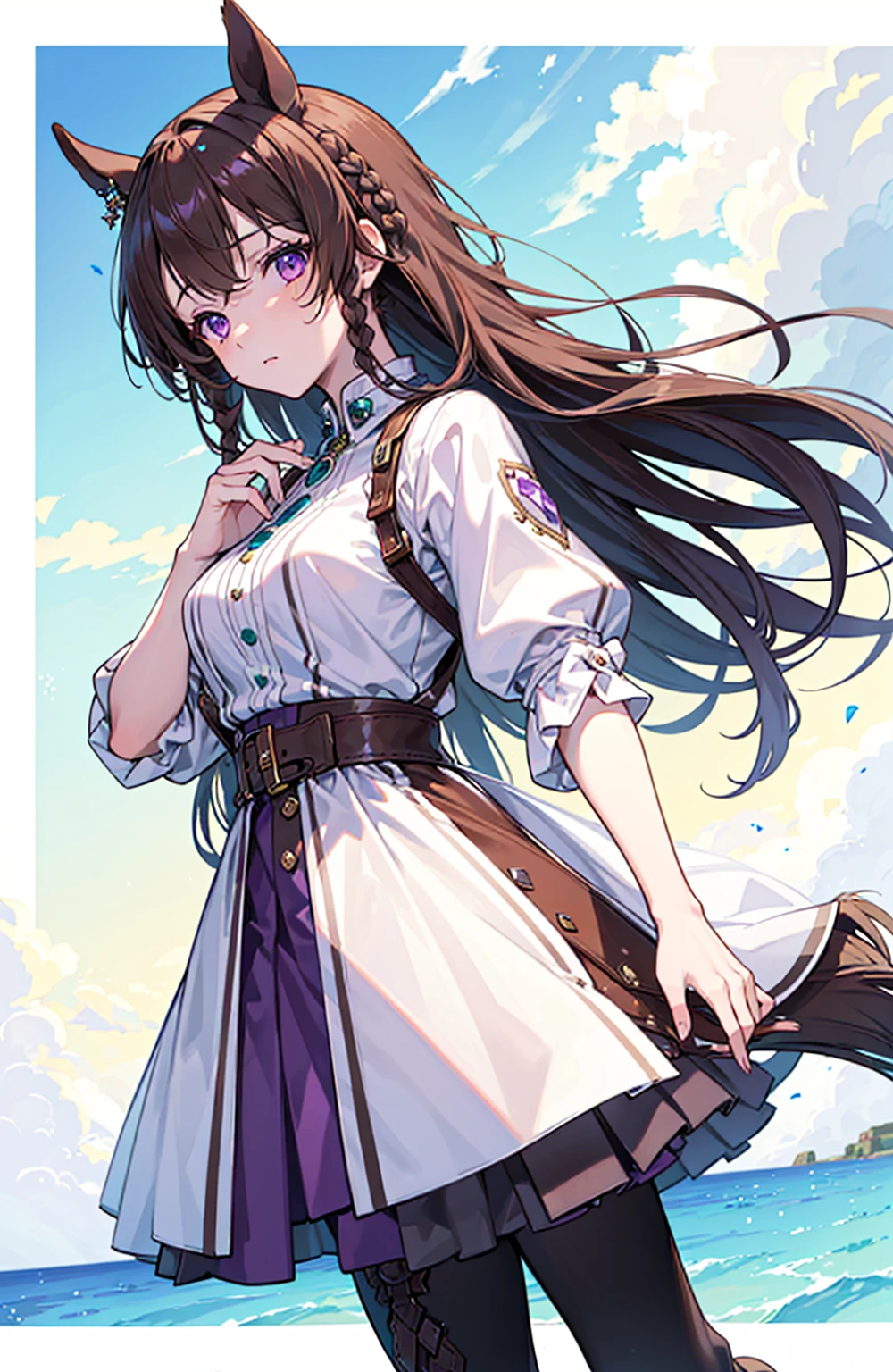 (masterpiece), (best quality), (detailed), Lightweight layer,Brown hair,A beautiful girl,Malta,Horse girl,Second Dimension,Purple Eyes,Manual repair,grace,Gentle,Cool,poet,Green accessories,Princess braids