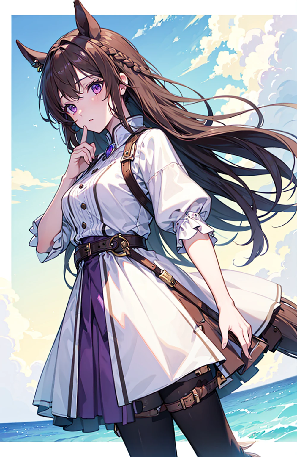 (masterpiece), (best quality), (detailed), Lightweight layer，Brown hair，A beautiful girl，Malta，Horse girl，Second Dimension，Purple Eyes，Manual repair，grace，Gentle，Cool，poet，Green accessories，Princess braids