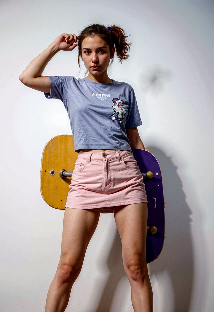 The picture shows a character on a skateboard. Illustration style: minimalistic and modern, with a limited color palette, Mainly shades of purple and white are used. The character is drawn with exaggerated proportions, which gives the piece a playful and stylized look