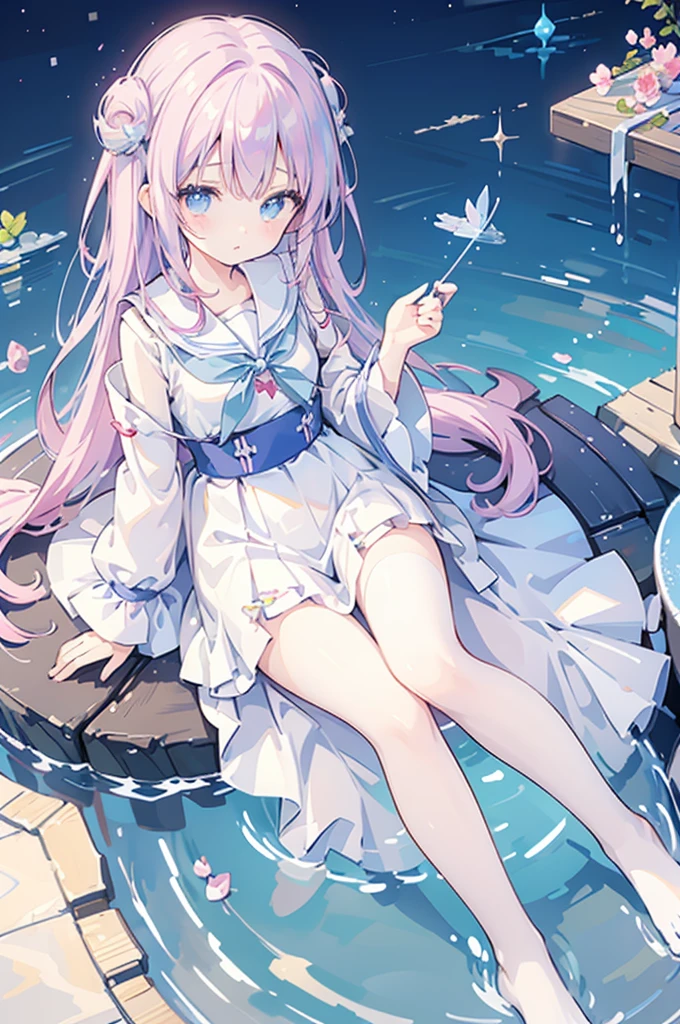 A magical girl with a mermaid motif、Highest quality、Loriータ、Confused eyes、Primary school students、small、Lori、Young Girl、Water Manipulation Magic、Magical girl who controls water、beautiful girl、cute、Full-body portrait、light blue、Have a koto、Playing the lyre、Clear eyes、pose、Magic Exercises