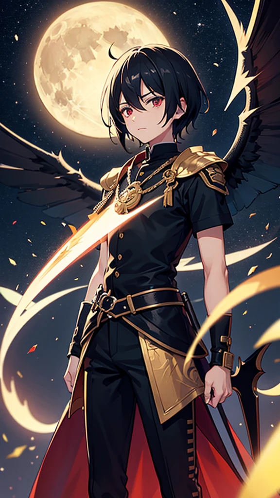 ultra quality, 4K, anime illustration, 15 year old boy, black hair, scarlet eyes full of hate, dark aura, Very Detail, full moon night, empty city, gazing at viewer, floating eyes with wings of blood.