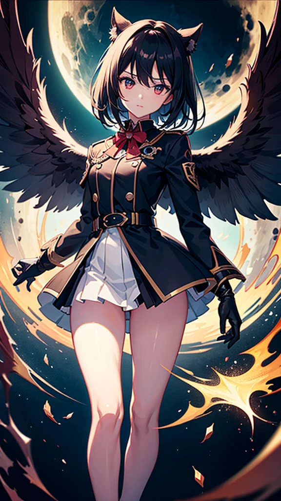 ultra quality, 4K, anime illustration, 15 year old boy, black hair, scarlet eyes full of hate, dark aura, Very Detail, full moon night, empty city, gazing at viewer, floating eyes with wings of blood.