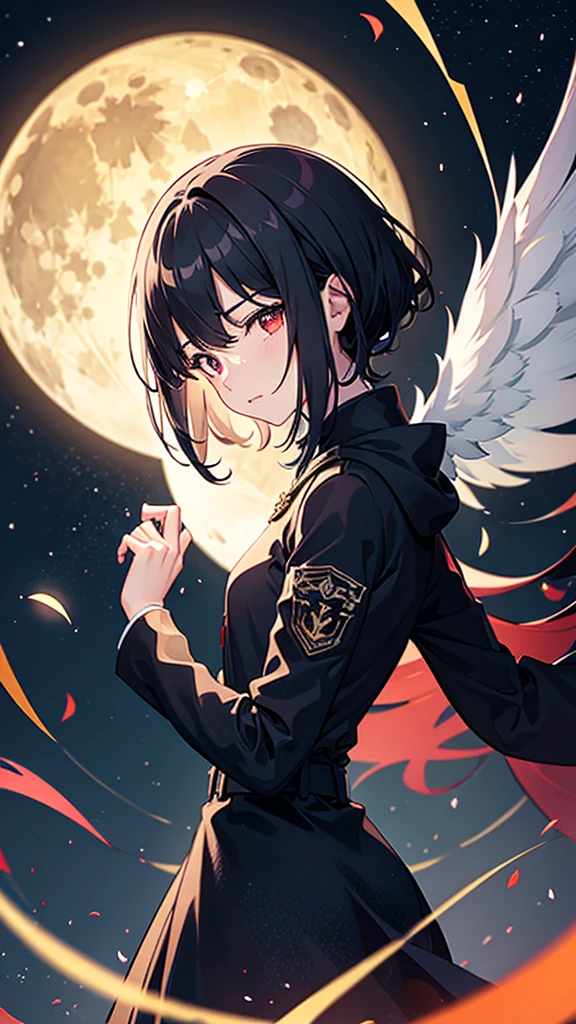 ultra quality, 4K, anime illustration, 15 year old boy, black hair, scarlet eyes full of hate, dark aura, Very Detail, full moon night, empty city, gazing at viewer, floating eyes with wings of blood.