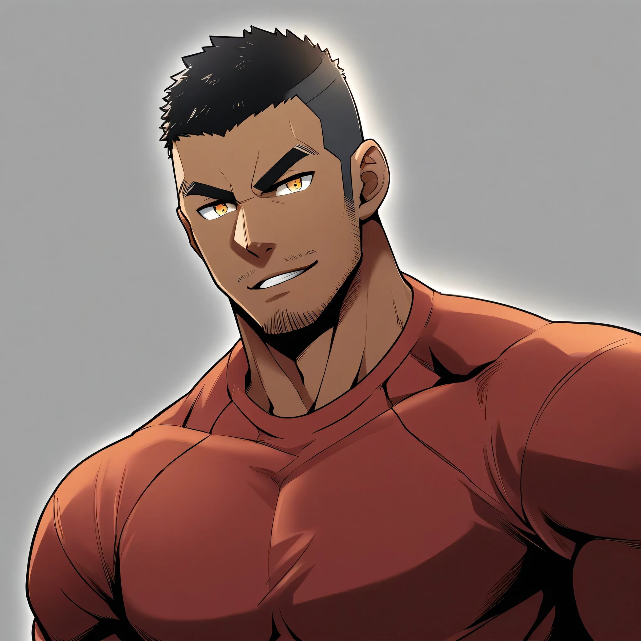 anime characters:Gyee, Young Muscle Sports Teacher, negro black skin, Buzz Cut, Manliness, male focus, Dark Red long sleeve tight T-shirt, Slightly transparent texture, Very tight, Slightly transparent, muscular male, muscular, only, Upper body, alone, Black short hair, Thick eyebrows, stubble, Yellow eyes, Grey background, simple background, amazing quality, best aesthetics, Ridiculous, bright pupils, crew cut, parted lips, seductive smile, torogao, naughty face, best quality