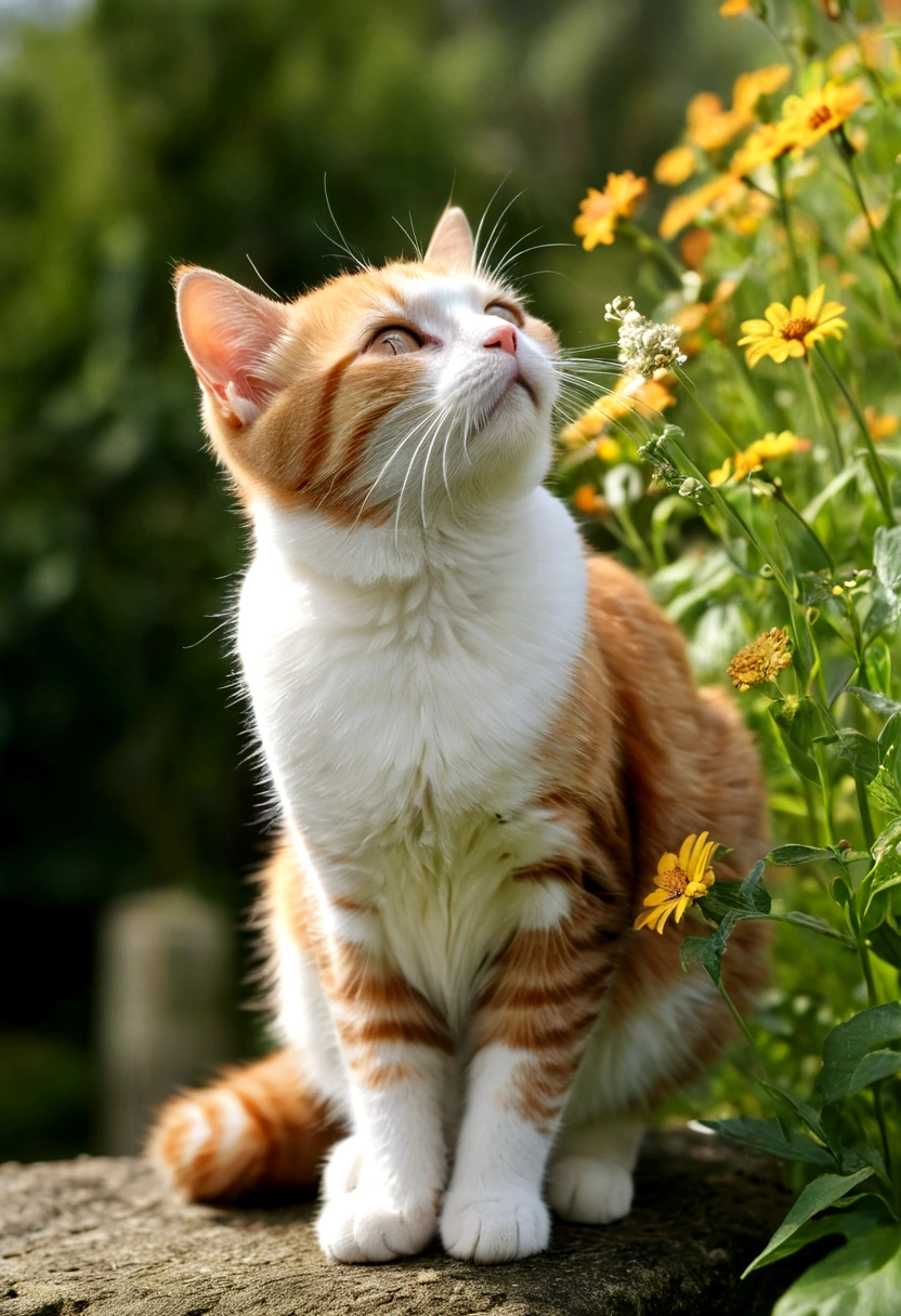 A cat standing upright and immobile in the grassland. I'm closing my eyes. A gentle breeze is blowing. It changes ever so slightly.
