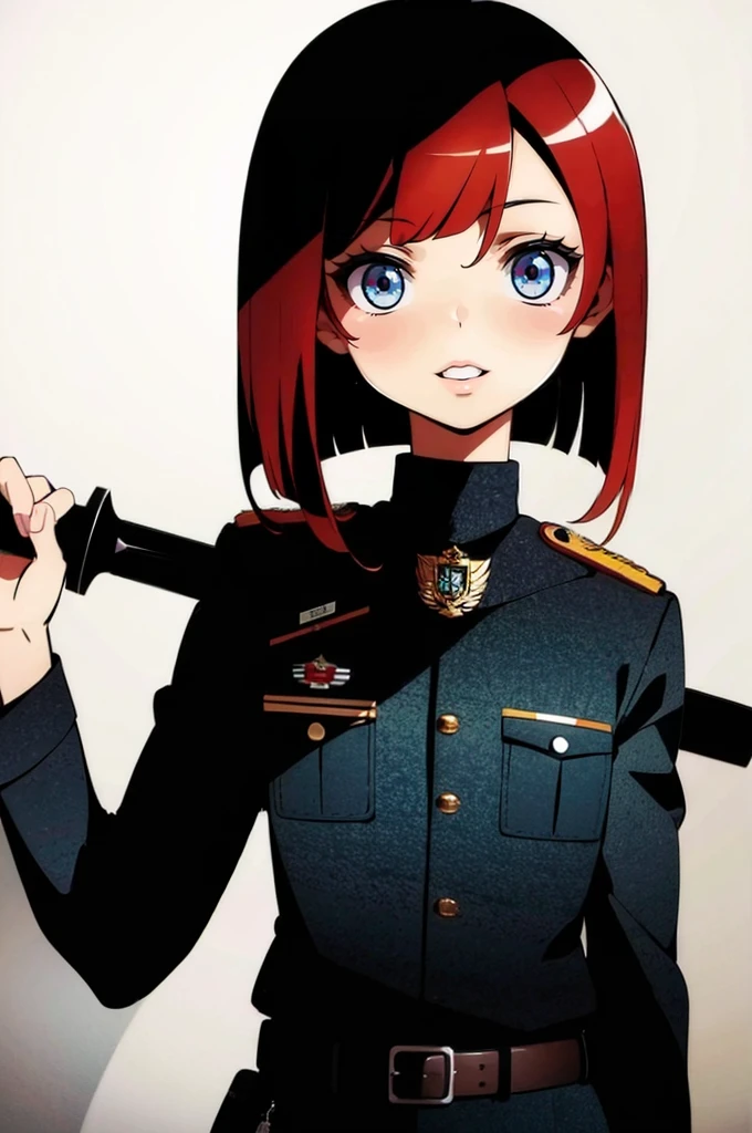 (beautiful girl:1.5)　Red short-haired　Wearing a black military uniform　Holds one sword　Character portrait