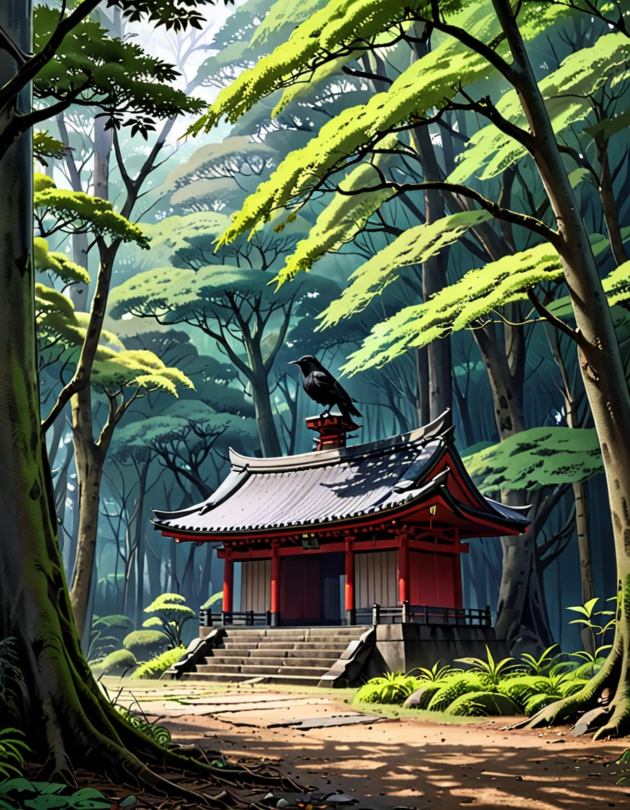 A deserted shrine nestled in a dense forest。There is a crow。