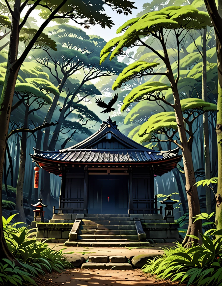 A deserted shrine nestled in a dense forest。There is a crow。