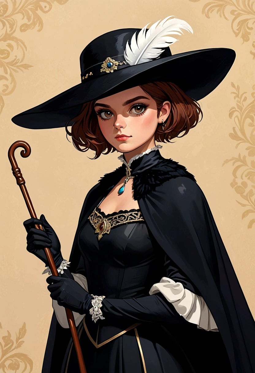 Girl,short hair,black cavalier hat with a white feather,black capelet,holding a cane