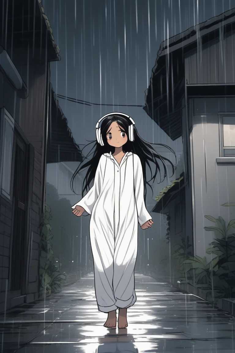 a sketch anime of a full body wide angle shot of a latina girl, long dark loosen straight hair, with white headphones and white pijamas standing outside of her house on the street while raining, opening her arms feeling the rain happy, photo from far away