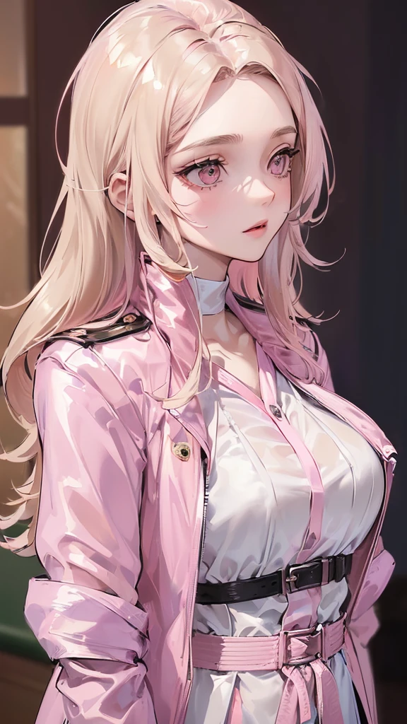 Photograph of the upper body of a beautiful woman, , [see through] ,(pink jacket:1.47),(School uniform:1.47) (big breasts), (small waist, perfect body), Sharp focus, (tall body, mature woman), ((Looking ahead)), (Highly detailed skin, hair follicles:1.4,white skin) (Long hair light brown color.,pink eyes) , (Bright face)