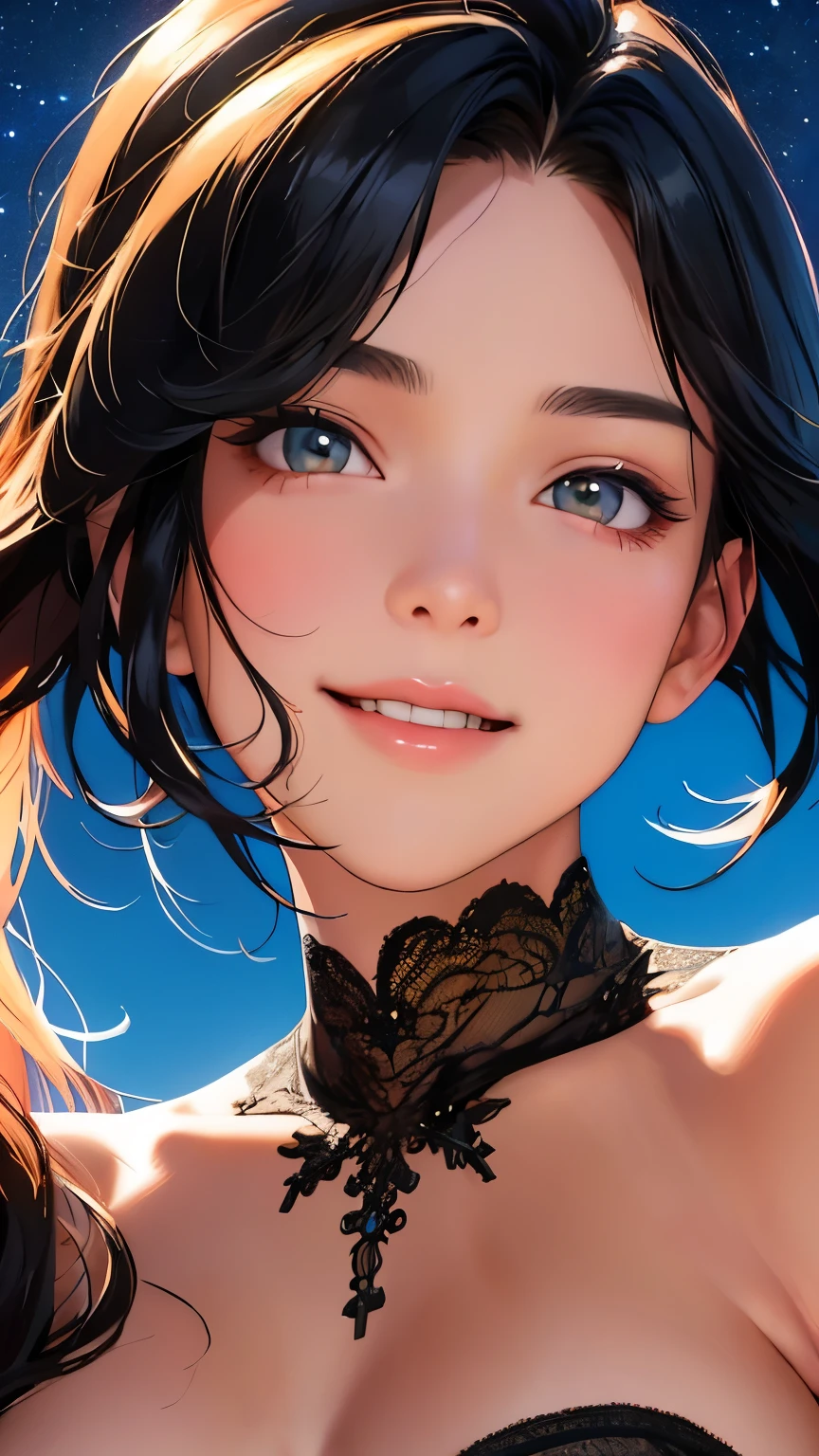 (masterpiece), (Highest quality), One girl, (Perfect Face:1.2), (Beautiful Face:1.2), Black Hair, (From below), Happy, A light smile, View your viewers, Pause, See-through, Outdoor idnight, Night Sky, milky way), Complex, Depth of written boundary, Cinema Lighting,Detailed depiction of bulges and wrinkles in ultra-thin underwear,
