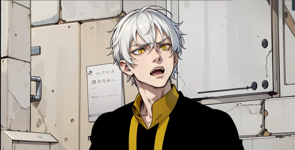 He is talking, he opens his mouth and shouts a little, beautiful white hair, yellow eyes, cold look, evil, serious, he is intimidating, there is a young 17-year-old man, he is talking to him, he is insulting, mistreating someone.