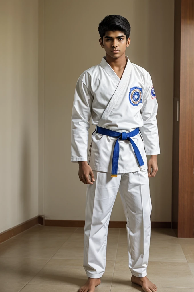 A 18 year old indian boy standing in karate uniform