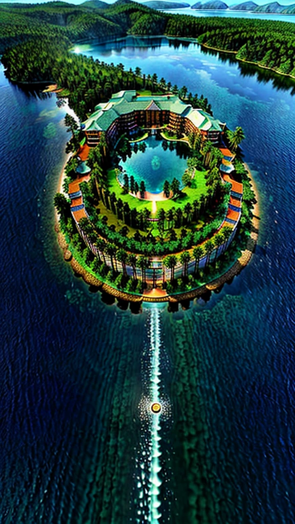 A large, beautiful, realistic lake., Inside the island in the ocean around the forest, Beautiful hotel on the coast, 3D top side view