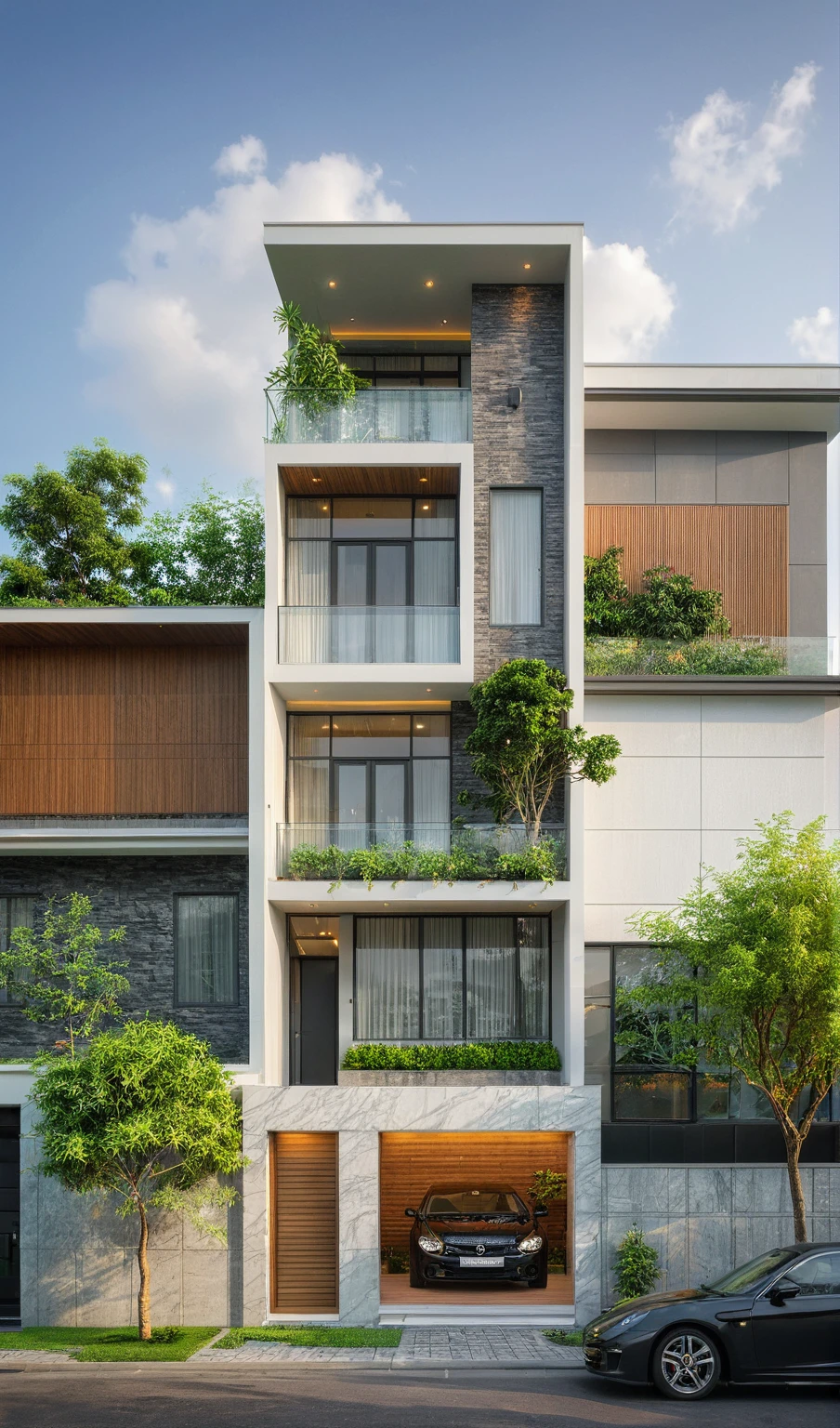 modern villa on street, (overcast lighting:1.2), tropical tree, vivid color, streetcapes, nice sky, grey and wwhite tone, (large glass door:1.2), warm interior lighting, modern material, best quality, ultra realistic, masterpiece, 17ArchiAI_XL_VL-v1