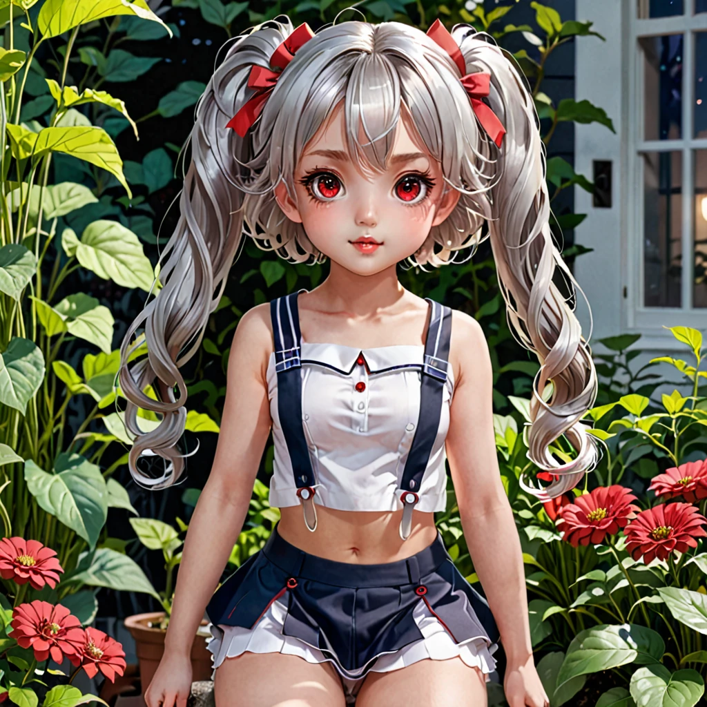 BREAK Perfect Anatomy、Highest quality、(cute:1.1)、(cute)、(High resolution:1.2)、Unbelievably absurd:1.3、Incredible illustrations、(cuteイラスト:1.2)、nsfw,（Beautiful background、Late Night、garden、Planting）、1gial(Silver Hair、Wavy Hair、Long twin tails、Red Eyes、 female,height 1.2meters, slim 25kg）(flat chest、Dark Skin:1.4)（school uniform,garter belt）（front view）