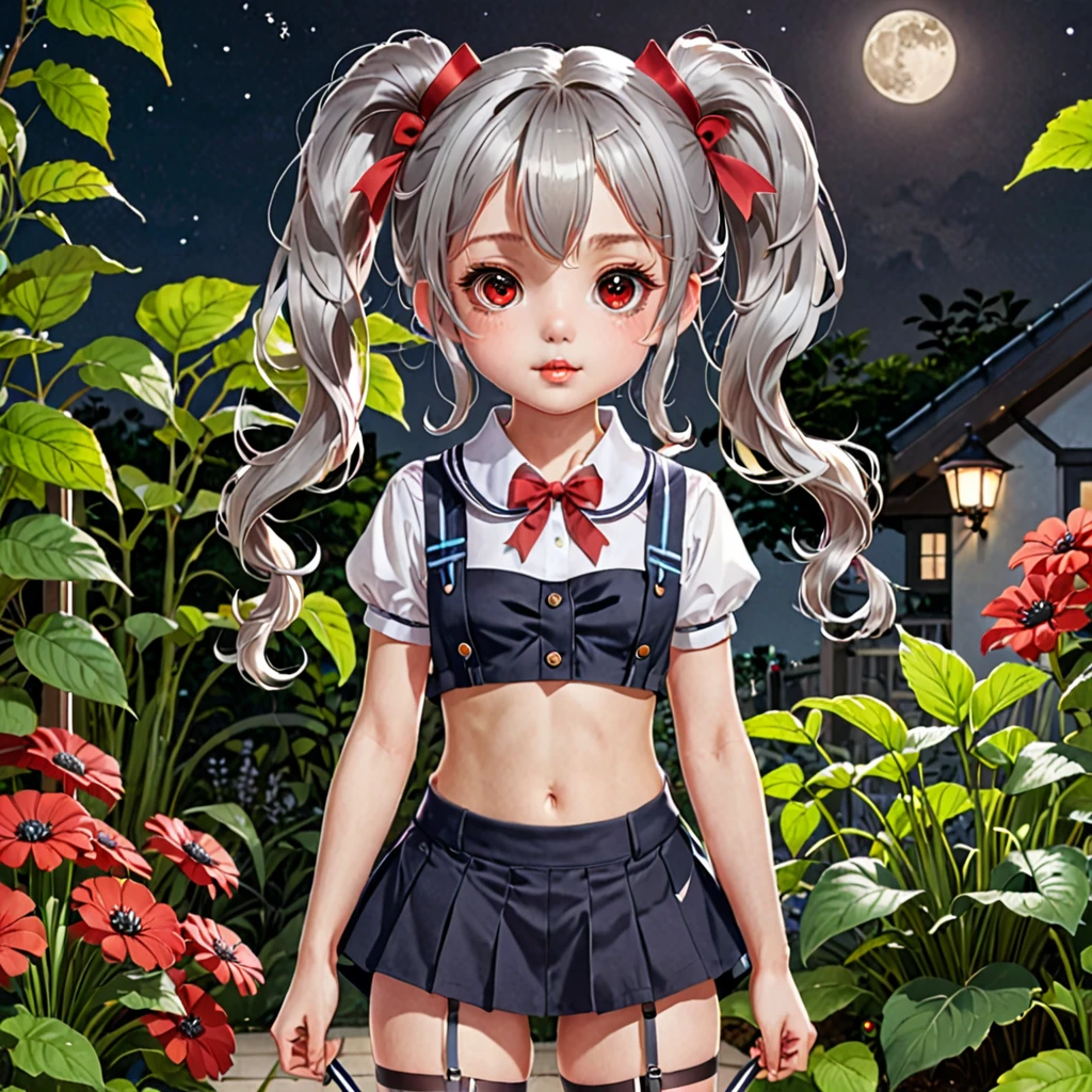 BREAK Perfect Anatomy、Highest quality、(cute:1.1)、(cute)、(High resolution:1.2)、Unbelievably absurd:1.3、Incredible illustrations、(cuteイラスト:1.2)、nsfw,(Beautiful background、Late Night、garden、Planting)、1gial(Silver Hair、Wavy Hair、Long twin tails、Red Eyes、9 years old female,height 1.2meters, slim 25kg)(flat chest、Dark Skin:1.4)(school uniform,garter belt)(front view)