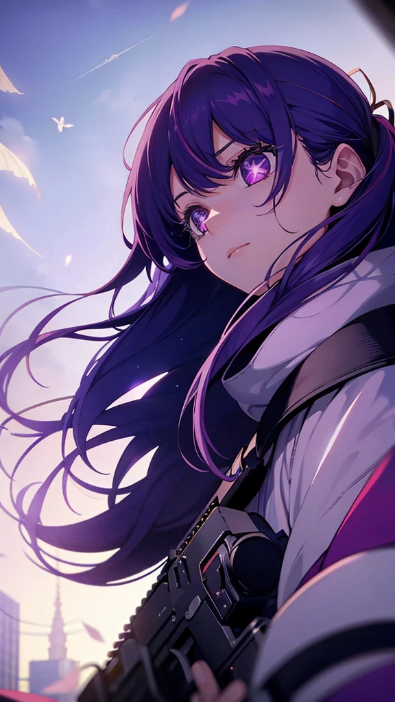 Looking up, Purple hair, Purple eyes, Shining eyes, sniper gun, Long hair fluttering in the wind, Perfectcomposition, 8K