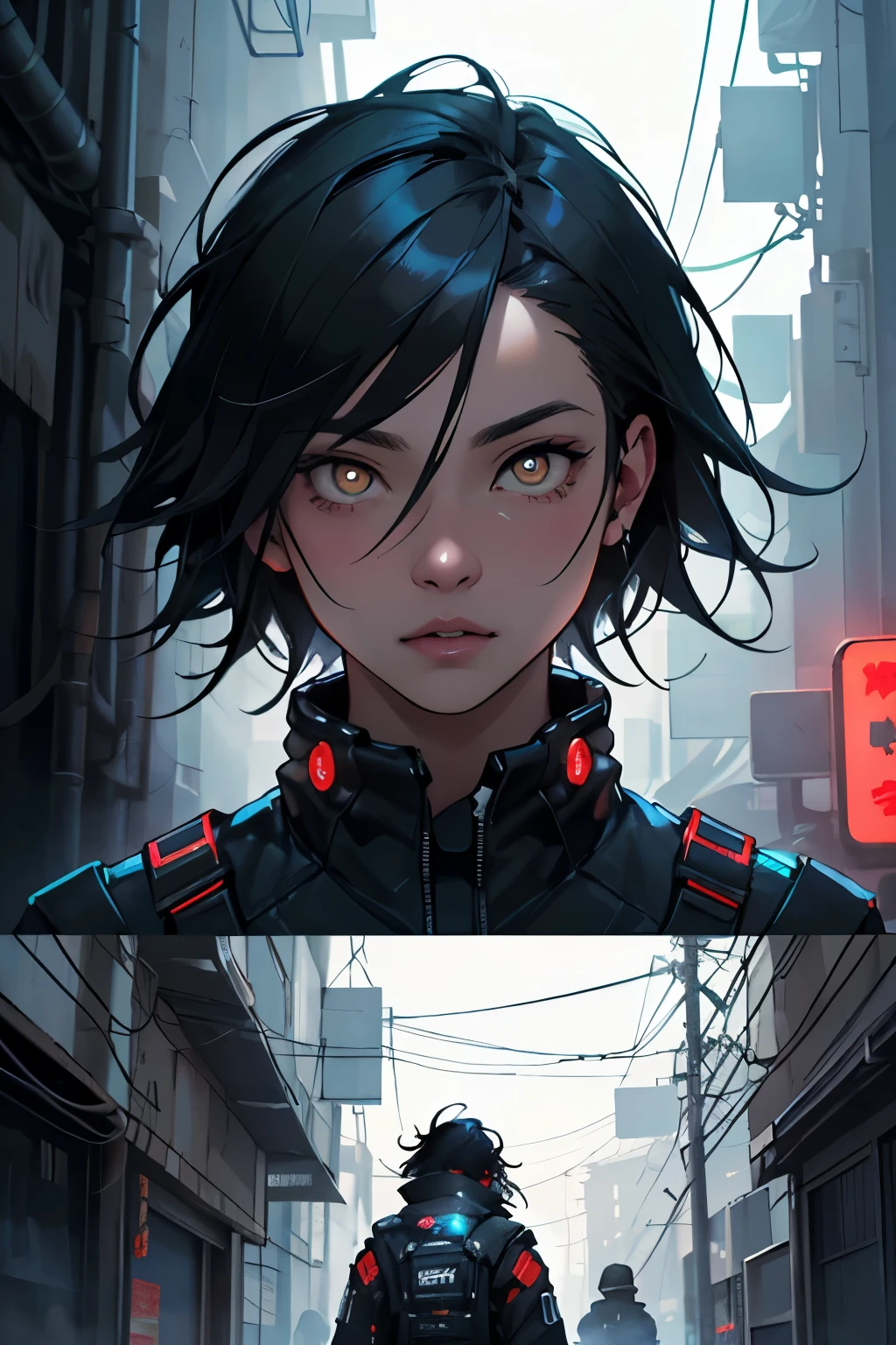 ((best qualityer)), ((work of art)), (detailded), ((game concept art)) ((Semi realism)) Japanese girl, black voluminous emo hair, eyes with yellow pupils, cyberpunkstyle, all-black clothes with red neons, Military Details 