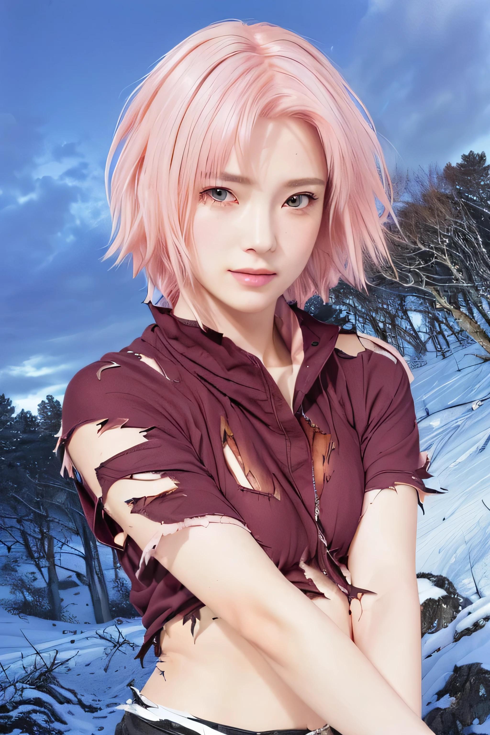 masterpiece, best quality, (realistic,photo-realistic:1.4), (RAW photo:1.2), extremely detailed CG unity 8k wallpaper, delicate and beautiful, amazing,finely detail, official art, absurdres, incredibly absurdres, huge filesize, ultra-detailed,extremely detailed eyes and face,light on face,(little smile),(pink hair:1.4),(short hair:1.4),(small breast:1.4),(wearing torn clothes:1.5),(forest background:1.4),(wearin black crown:1.4)