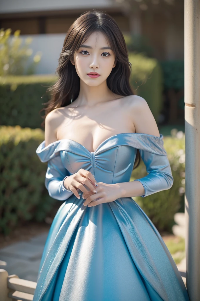 masterpiece, Best quality, Ultra-high resolution, High detail photos, Unity 8k wallpaper, Extremely detailed CG:1.2), Depth of Field, Bokeh, (original photo:1.Realistic Photography:1.4), (1 Girl:1.5), young, Physically based representation, beautiful, (Exquisite facial details:1.4, detailed服装), (detailed:1.4) christen (Hidemi Fukada:1.1) rest Cara hermosa, Depth of Field, Add layers, Surreal, 27 years old, Perfect body model, Perfect breasts, Height 175 cm, Strike sexy poses, whole body, whole body, Model body type, rest (Cinderella Ball Dress:1.3), (Long hair:1.2), doble parpado rest dancing on a ladder