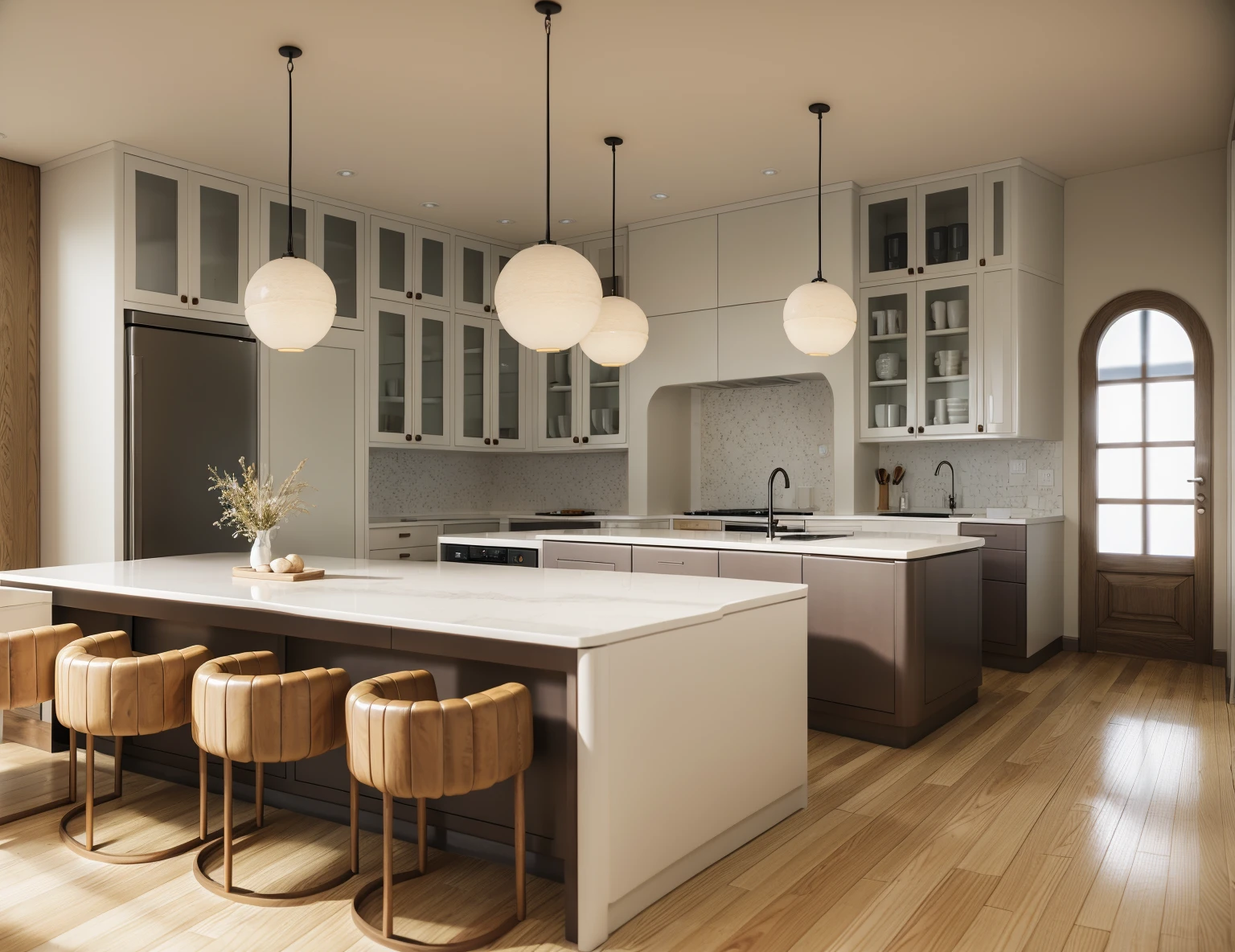 Kitchen design, Super sharp like a photo taken with a professional camera, (Masterpiece, best quality, 8k uhd, dslr, soft light, high quality, super detailed, film grain, Fujifilm XT3, UE 5 8k renders, super high resolution, super detail :1.2), color block wall decoration, abstract poster decoration, glossy floor, (((volumetric lights)))