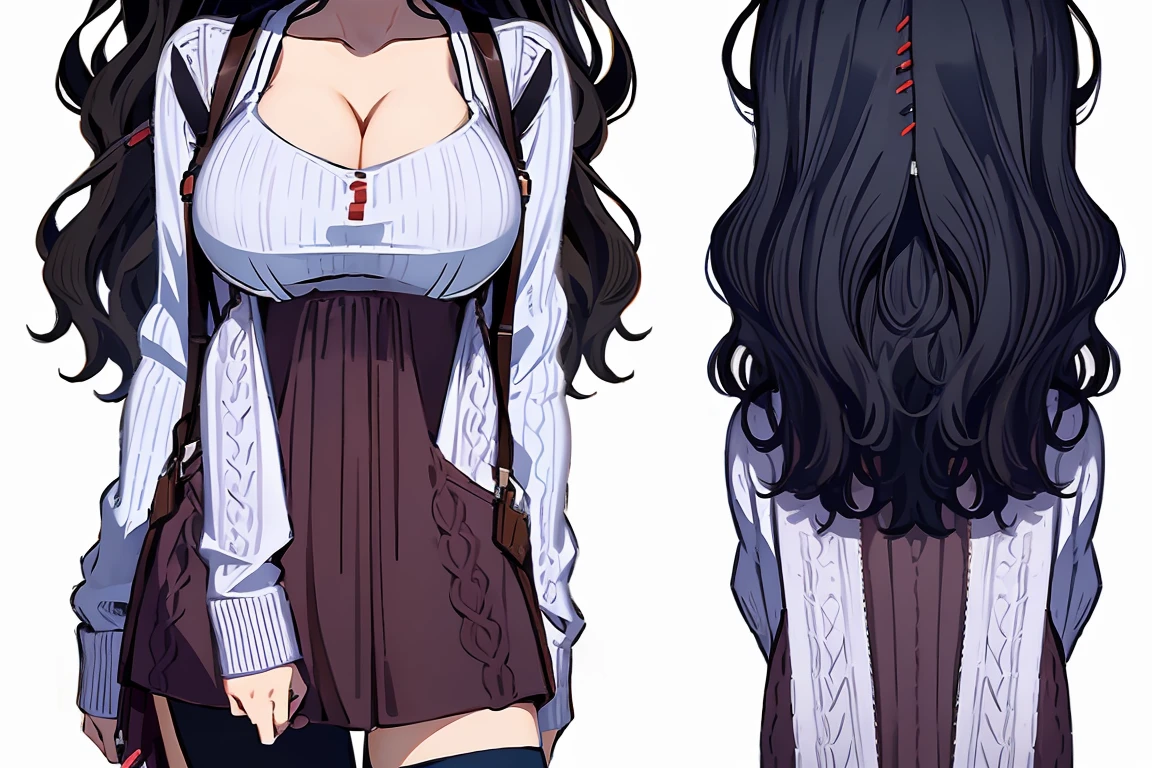 (masterpiece:1.2), (high quality:1.2), (character design sheet, same character, front, side, back:1.55), illustration, (hui xiyi:0.6), rekkyo sensen, rekkyou sensen, girls with((black hair, bangs, (one side up, long wavy hair, hair clips:1.55), hand up, waving is hands, perfect hands, perfect fingers, (exposed breasts, tits cleavage, breasts close up:1.2), dress((suspenders, dress, belts:1.15), (blue clothes, frills shirt, white knit sweater, long sleeves:1.2)), (white legwear, single legwear, pumps:1.54))), background with(simple background, white background: 1.3))