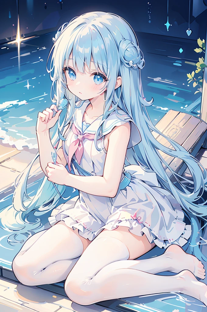 A magical girl with a mermaid motif、Highest quality、Loriータ、Confused eyes、、small、Lori、Young Girl、Water Manipulation Magic、Magical girl who controls water、beautiful girl、cute、Full-body portrait、light blue、Have a koto、Playing the lyre、Clear eyes、pose、Magic Exercises