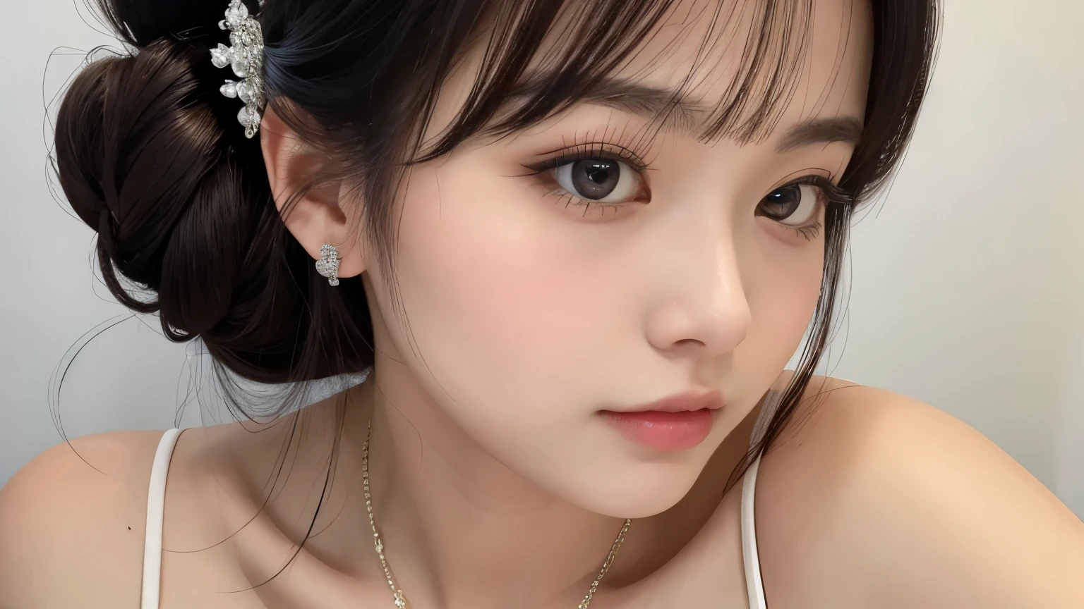 Masterpiece, high quality, close-up of face, front view, 19-year-old girl, big eyes, long black hair, updo in the back, white camisole, big breasts, one shoulder