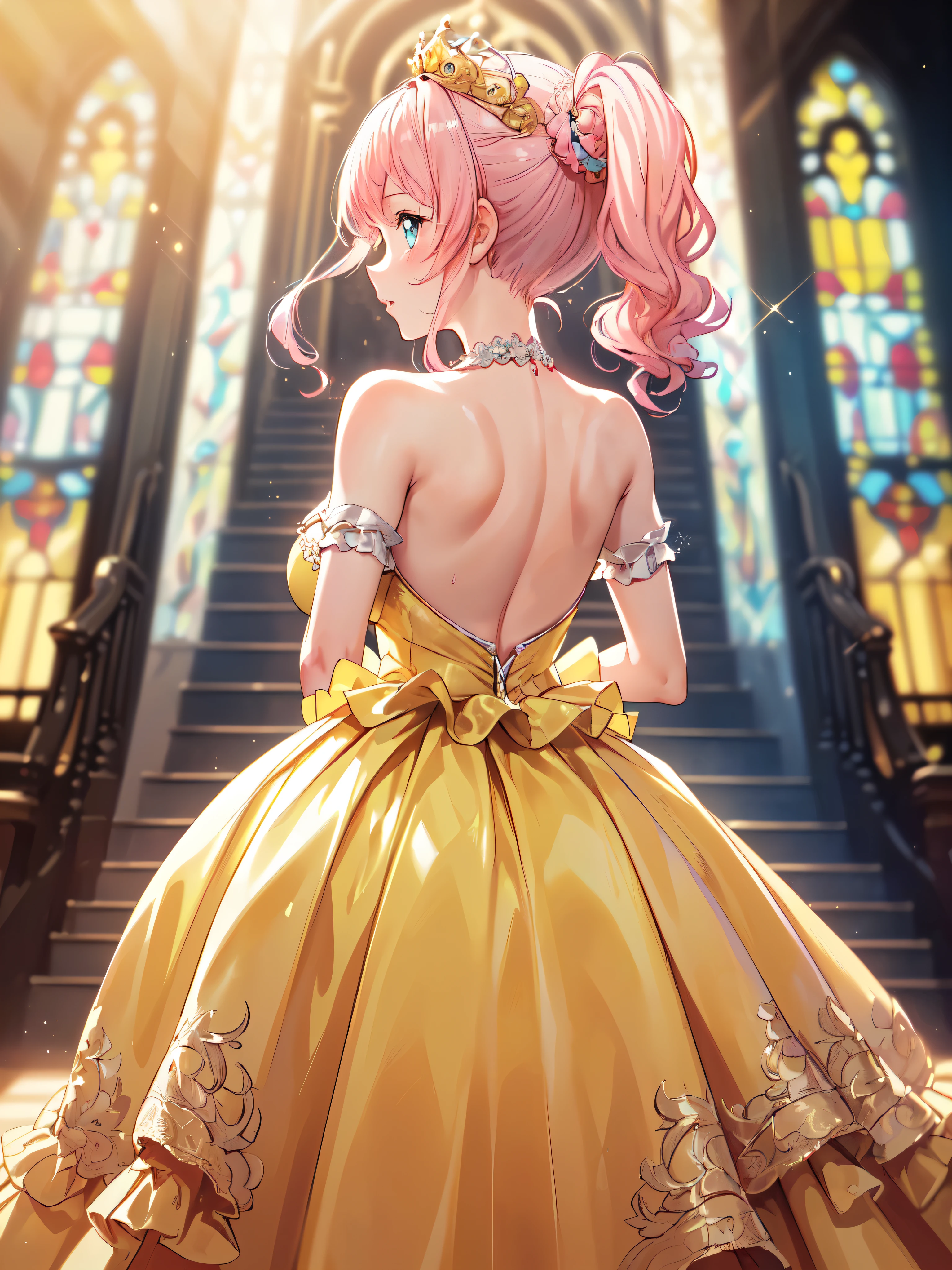 (((masterpiece))), (((best quality))), (((ultra detailed))), ((an extremely delicate and beautiful)), (unity 16k wallpaper), (Moe anime art style:1.3), 
BREAK
(((solo princess young face))), (18 years old), (huge breasts cleavage focus), sweat on the chest, 
BREAK
(hair pink ponytail fluffy:1.5), Curly Hair, (Expressive hair), (very voluminous long hair), Spreading hair, bangs, Beautiful tiara silver and jewels, 
BREAK
(((super delicate and beautiful face))), ((hyper detail delicate beautiful blue eyes)), ((beautiful lips)), (face focus), beautiful smile, 
BREAK
((((Gorgeous rococo ballgown dress shiny taffeta fabric dark yellow:1.5))),  ((with long hem and voluminous hoop skirt at full length)), ((and over skirt with plenty of frills and luxurious embroidery and precision lace fabric)), 
BREAK
(((A princess climbing the grand staircase))), ((cowboy shot)), (from behind:1.5), (from below:1.1), looking down, (depth of field:1.9), (backlighting:1.3), (light sparkles), Rays of light coming from stained glass, 