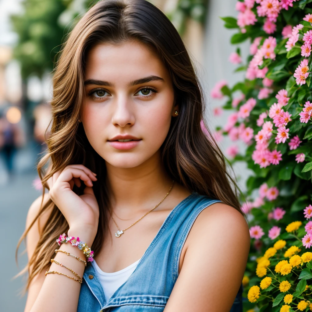 19 year old woman, beautiful, with bracelet on her right wrist, with several flowers on her right hand, cinematographic street background, realistic, high quality, busy, staring at the camera, 8k