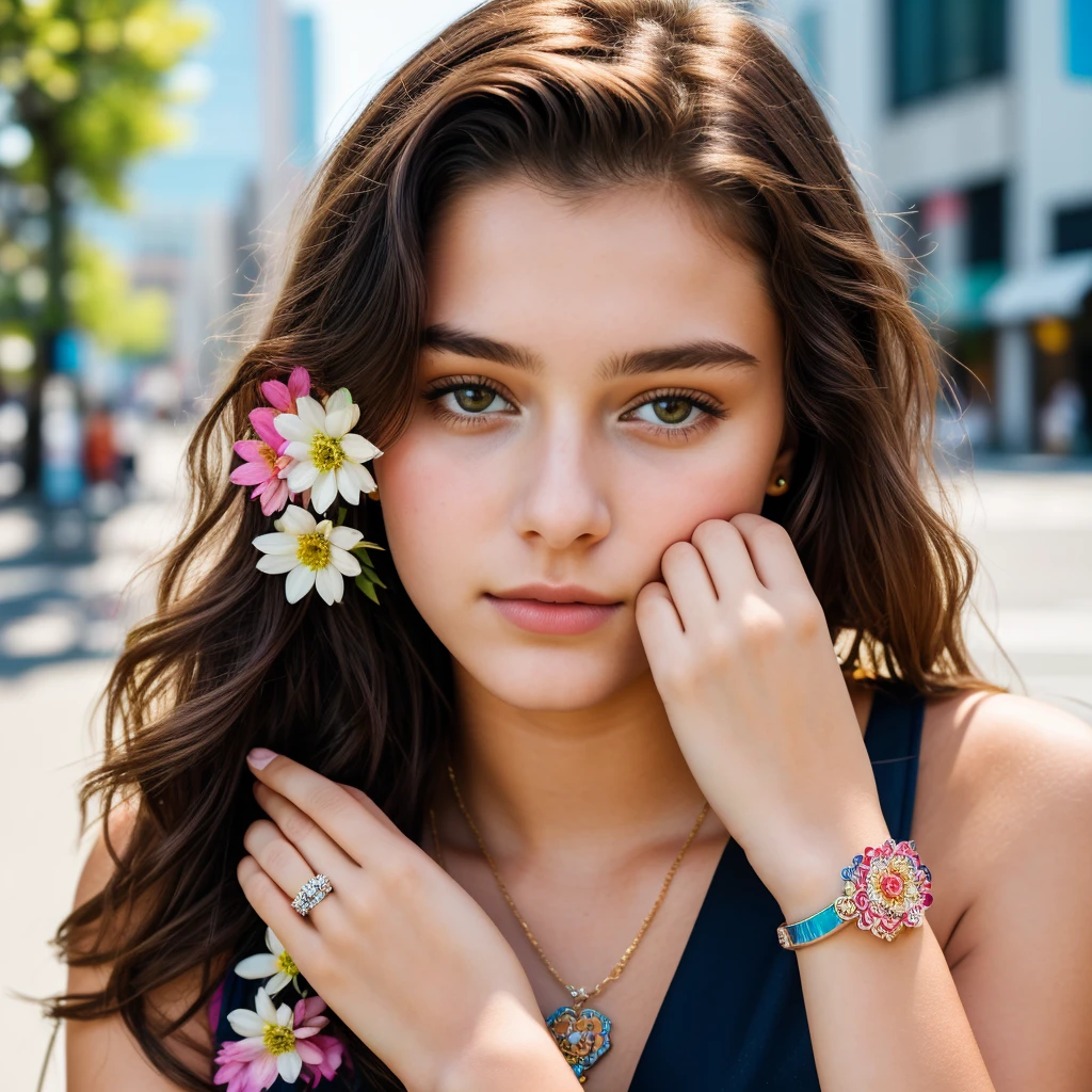 19 year old woman, beautiful, with bracelet on her right wrist, with several flowers on her right hand, cinematographic street background, realistic, high quality, busy, staring at the camera, 8k