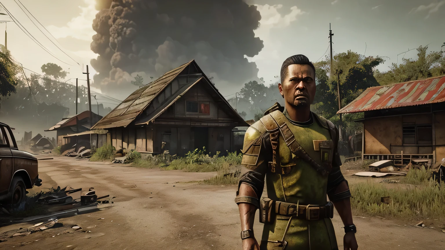 fallout, indonesia theme, post-apocalyptic, jakarta, nation, identic, vernacular, authentic, realistic, indonesia, fallout 4 style, fallout amazon prime tv series, authentic, dystopian, city urban,, old, vintage, village, nuclear, vault, village, greenery, super mutant face showing to camera