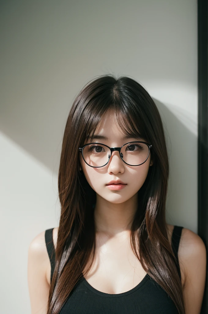 solo, a girl, 20 years old, giant breasts, black eyes, long hair, glasses, portrait,