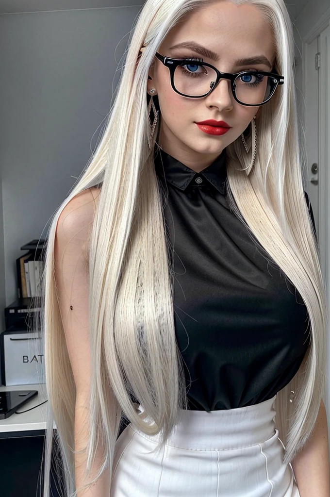 full frame photo of a beautiful young girl with long blonde platinum hair, wearing white office shirt and black cloth skirt, earrings, black eyeliner, sharp jawline, small nose, long lack nails, cute face, black glasses, perfect skin, white pale skin, black mascara, dark red lipstick, hourglass figure, blue eyes, big breasts under shirt