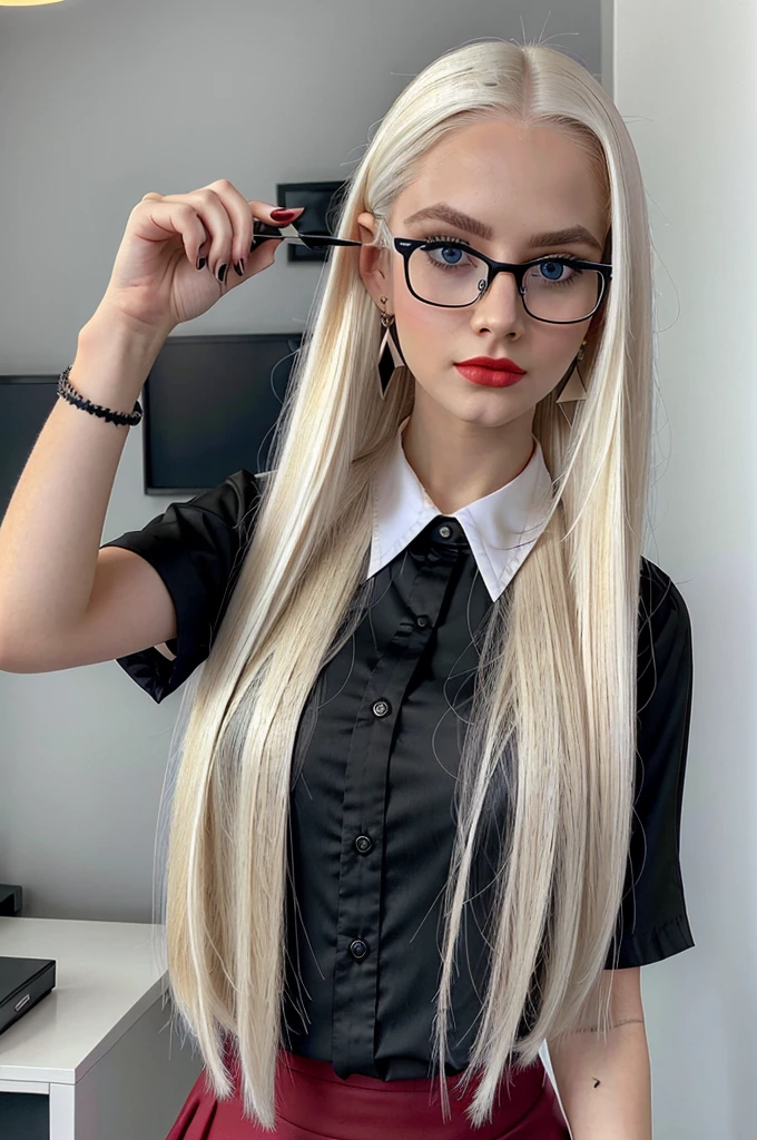 full frame photo of a beautiful young girl with long blonde platinum hair, wearing white office shirt and black cloth skirt, earrings, black eyeliner, sharp jawline, small nose, long lack nails, cute face, black glasses, perfect skin, white pale skin, black mascara, dark red lipstick, hourglass figure, blue eyes, big breasts under shirt