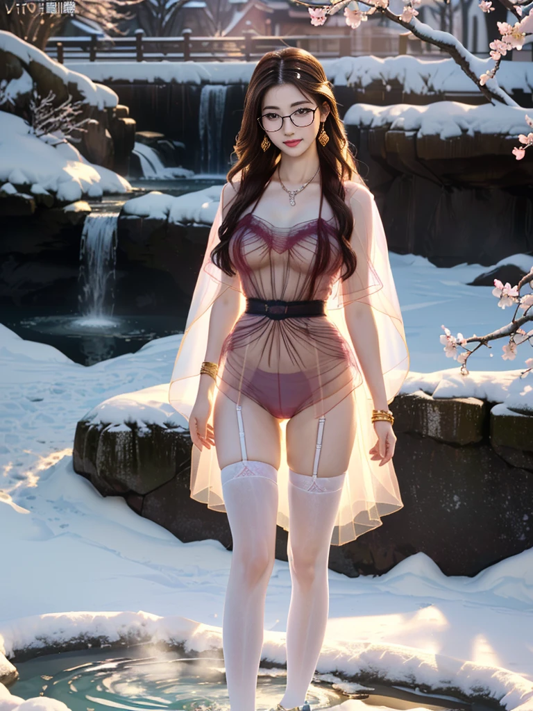 A Chinese female student, waterfall hot spring background at night, (8K Ultra HD, Digital SLR Camera, Soft Light, high quality, Volumetric Lighting, frank, photo, high resolution, 4K, 8K, Bokeh), (Create stunning images of real girls, warm light, Dynamic poses, Elegant Posture, Cowboy lens, Full body front view, Looks confident from the front, Body front facing the camera, Standing posture facing the camera, Open your legs slightly, Golden Ratio Graphics, Minimalism), (Rich details on the eyes and face, Show a charming smile, Willow Leaf Eyebrows, big eyes, Apricot eye prick, Cherry Blossom, mouth close, Balanced Eyes, Oval face, Pretty Face, Normal facial features, Skin is transparent and visible, Fine-skinned tender meat, cosmetic, (Red glasses), earrings, Bracelet, necklace, Jewelry, veil, Hair accessories), (Brown hair color, Waist-length hair, Messy Hairstyle, Gradient hairstyles, Cyberpunk hairstyle), (Transparent clothes：1.5, Pink clothes, Thin clothes, Transparent mesh clothes, Transparent clothes, Shiny ?????? ?????????), (????, ?????????????? shape, Teardrop ????? shape, Snow-white ???????, very detailed ???????, 34E cup，Small waist), (Super high waist clothes, Waist hollow, Levain), (Black socks, Transparent knee socks, 吊garter, Leg ring, garter, 腿部garter)