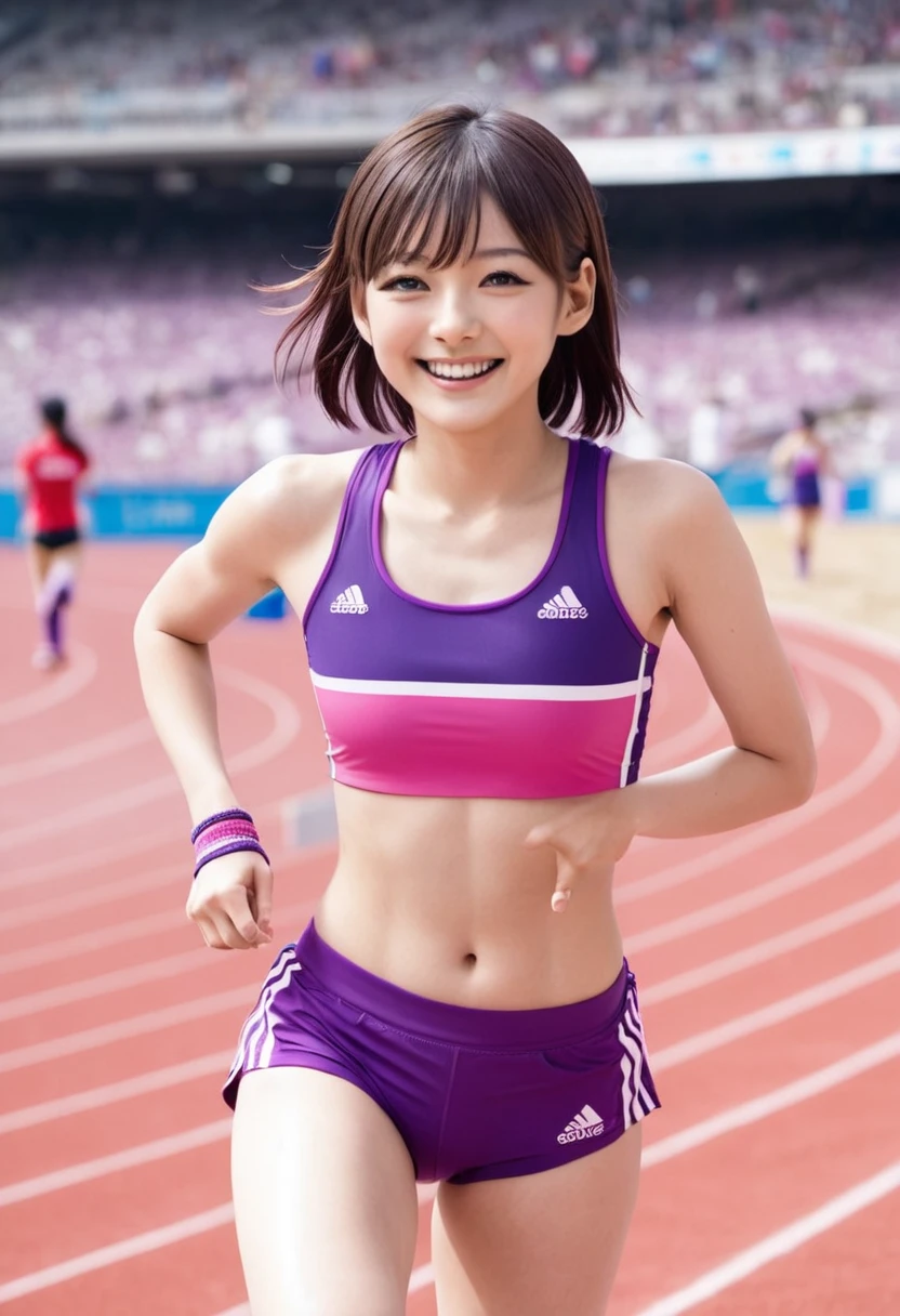 Japanese beauty Nogizaka46 smiles as she challenges the long jump at a stadium wearing a purple, pink and silver athletics sports bra top, a high-cut sports bikini with a high waist, purple knee-high socks and wristbands.
