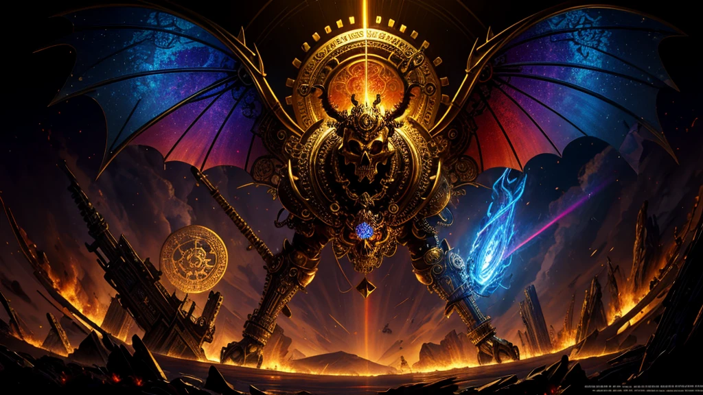 (masterpiece, Highest quality :1.3), Super detailed, Complex, 8K, High resolution, wallpaper, Cinema Lighting, (Glowing red, 十字形のshine, Blooming Flowers)), gun, (Firing Position), shine, crown, armor, Glowing red eyes, metal mechanism, Metal Wings, A skull made from a special metal)), altar, Golden dragon statue on top of a skull, (Dark sunglasses, Highly reflective lens, Rainbow around the skull), The powerful circular composition、It just shows the influence of various structural forces. (Steampunk decorative elements, gear, Other elements). Pointer, Chain decoration combination,
