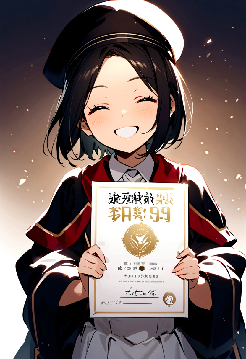 A twelve year old girl,with black short hair that reaches her shoulders (no bangs), holding a with honors certificate,smiling happily her eyes closed, wearing graduation clothes and hat