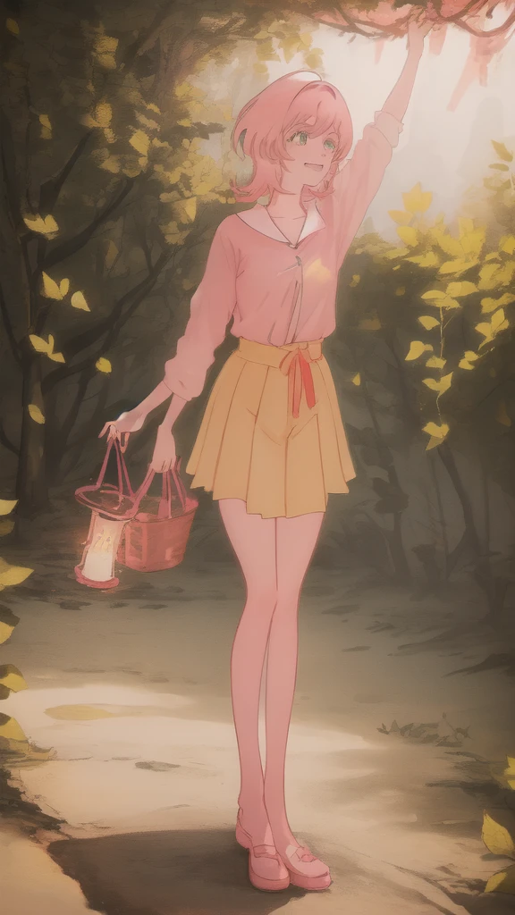 a girl , pink hair , banny costume, best quality, beautiful, forest, glad, cheerful, shy, cute, fantasy, light atmosphere, mystical atmosphere, romantic atmosphere, light academia, full body shot
