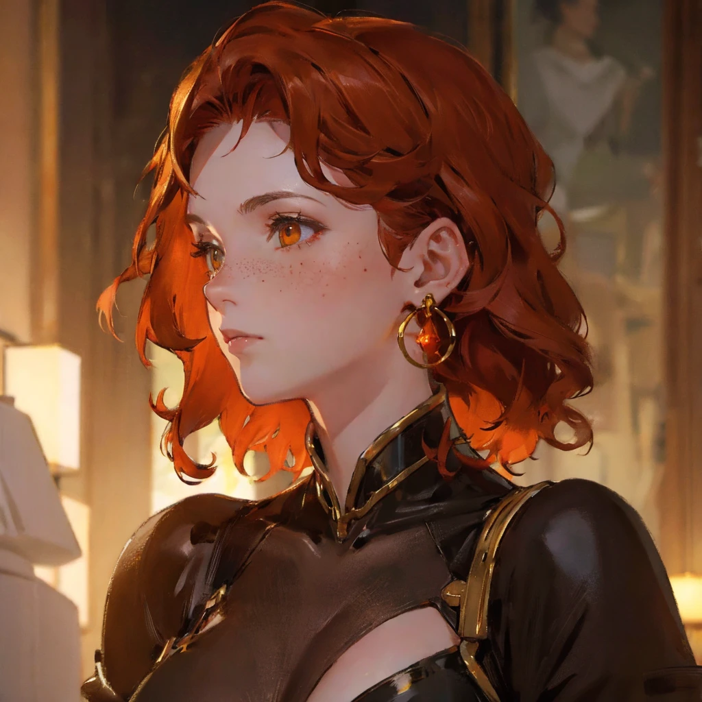 close-up shot of an adult woman, with curly red hair, simmetric (amber) eyes, (freckles), glossy lips, gold earrings, beautiful lights, iper-realistic, masterpiece, cinematic lighting, best quality, anatomically perfect.